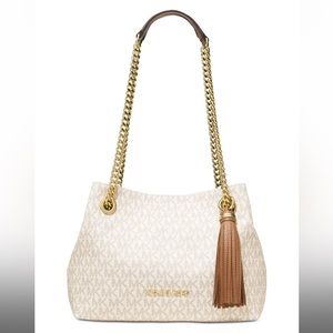 Michael Kors Signature Jet Set Chain Shoulder Bag Purse in Vanilla/Acorn